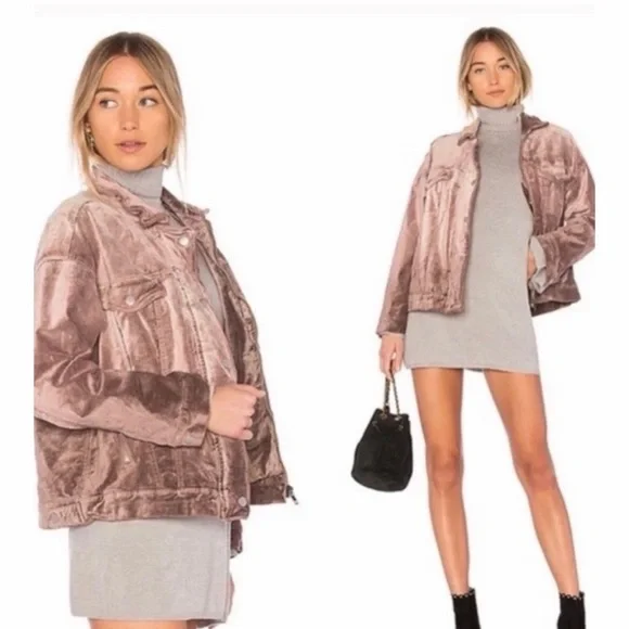 Free People Mauve Velvet Trucker Bomber Jacket Dusty Rose Oversized womens SZ XS - Picture 4 of 16